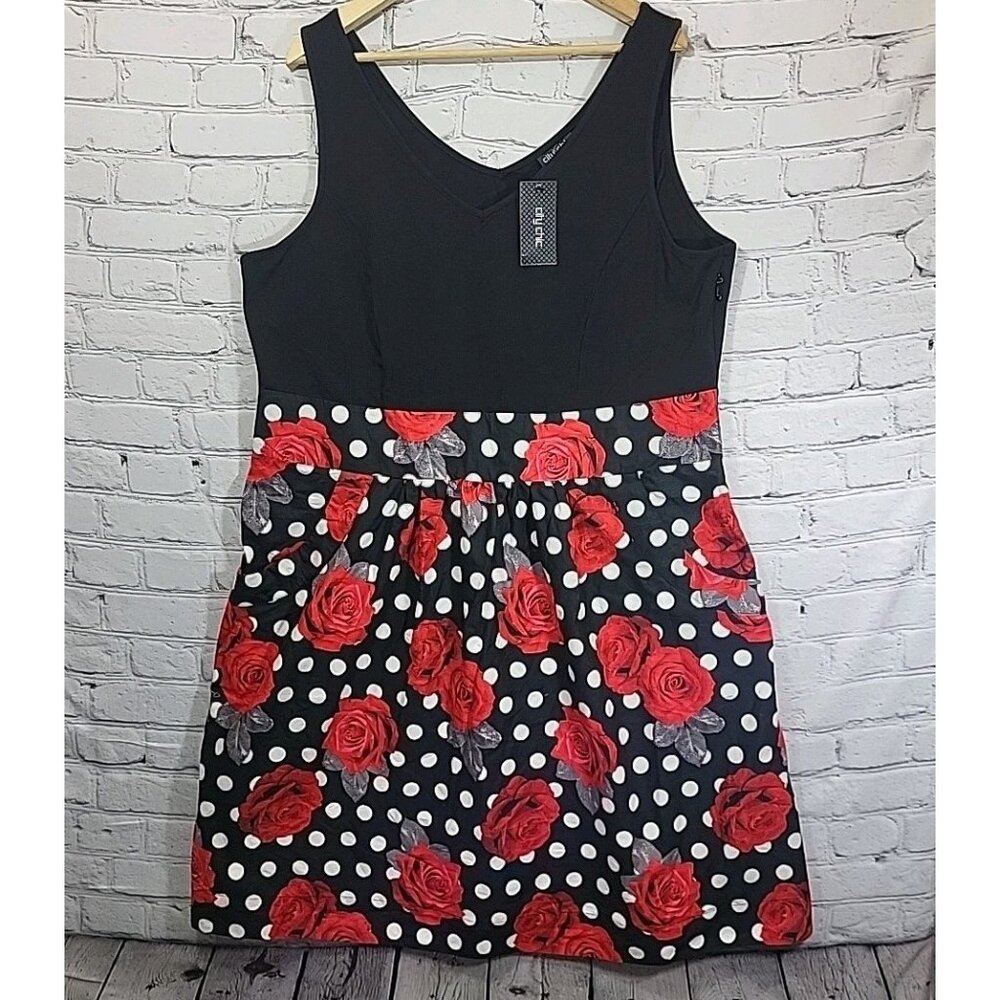 City Chic Dress Plus Size 20 Spotted Rose Black Sleeveless‎ Pockets NWT New